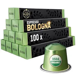 Bologna Organic Italian Espresso | Pack of 10 - 100 Aluminum Capsules| 100% Arabica | Dark Roast | Nespresso® Compatible | Eco-Friendly & Fairtrade - Bologna Organic Italian Espresso, Pack of 10 - 100 Aluminum Capsules, 100% Arabica, Dark Roast, Nespresso Compatible, Eco-Friendly & Fairtrade