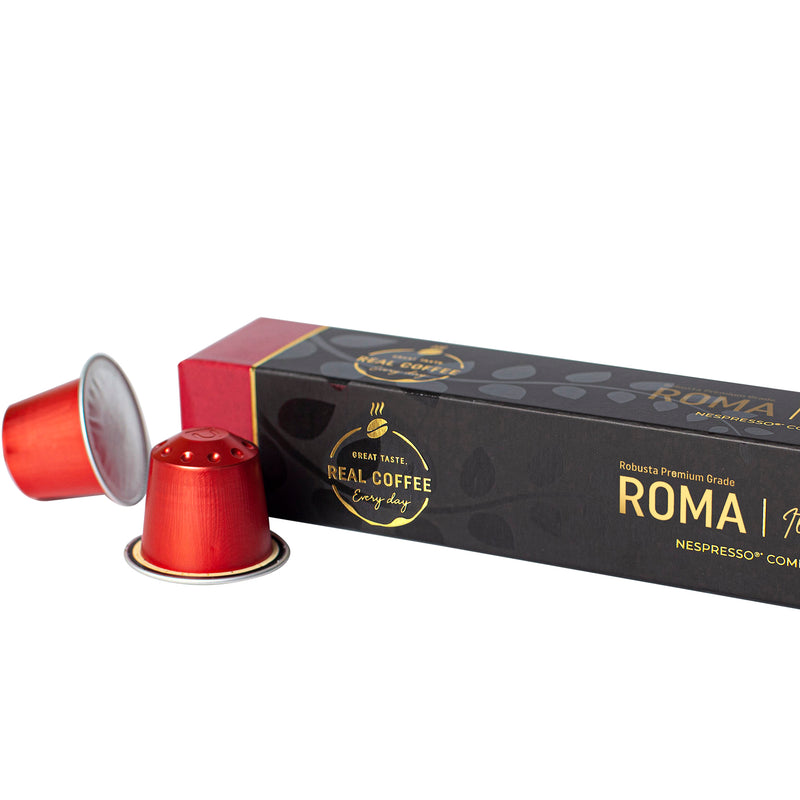 Roma Strong Italian Espresso | Pack of 5 - 50 Aluminum Capsules | 30% Arabica – 70% Robusta | Nespresso® Compatible | Eco-Friendly & Fairtrade Coffee - Roma Strong Italian Espresso, Aluminum Capsules, 30% Arabica – 70% Robusta, Nespresso Compatible, Eco-Friendly & Fairtrade Coffee