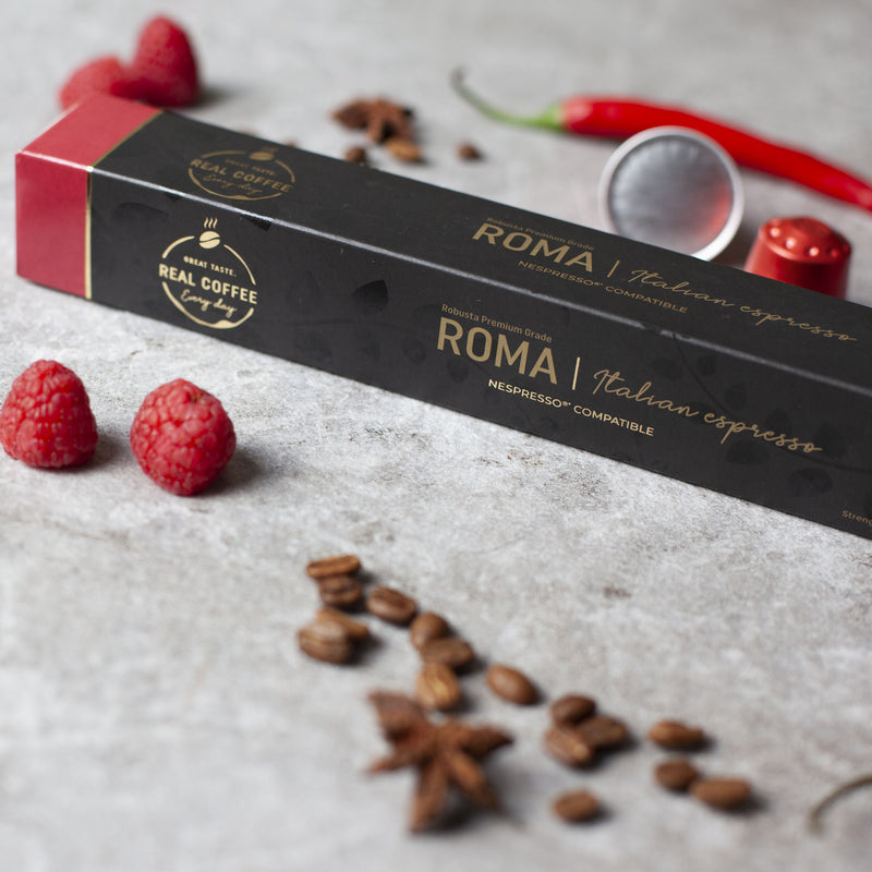 Roma Strong Italian Espresso | Pack of 5 - 50 Aluminum Capsules | 30% Arabica – 70% Robusta | Nespresso® Compatible | Eco-Friendly & Fairtrade Coffee - Roma Strong Italian Espresso, Aluminum Capsules, 30% Arabica – 70% Robusta, Nespresso Compatible, Eco-Friendly & Fairtrade Coffee