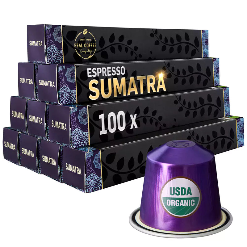 Sumatra Organic Italian Espresso | Pack of 10 - 100 Aluminum Capsules | 100% Arabica | Single-Origin Dark Roast | Nespresso® Compatible | Fairtrade - Sumatra Organic Italian Espresso, Pack of 10 - 100 Aluminum Capsules, 100% Arabica, Single-Origin Dark Roast, Nespresso Compatible, Fairtrade