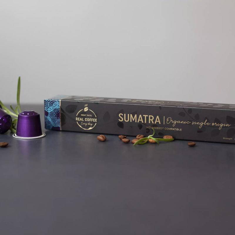 Sumatra Organic Italian Espresso | Pack of 5 - 50 Aluminum Capsules | 100% Arabica | Single-Origin Dark Roast | Nespresso® Compatible | Fairtrade - Real Coffee Sumatra, Certified Organic coffee capsules from Italy. 100% Aluminum Capsules, Fair Trade certified. Single Origin