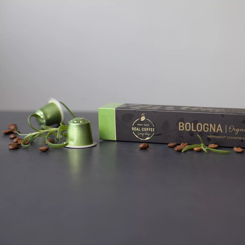 Bologna Organic Italian Espresso | Pack of 10 - 100 Aluminum Capsules| 100% Arabica | Dark Roast | Nespresso® Compatible | Eco-Friendly & Fairtrade - Bologna Organic Italian Espresso, Aluminum Capsules, 100% Arabica, Dark Roast, Nespresso Compatible, Eco-Friendly & Fairtrade