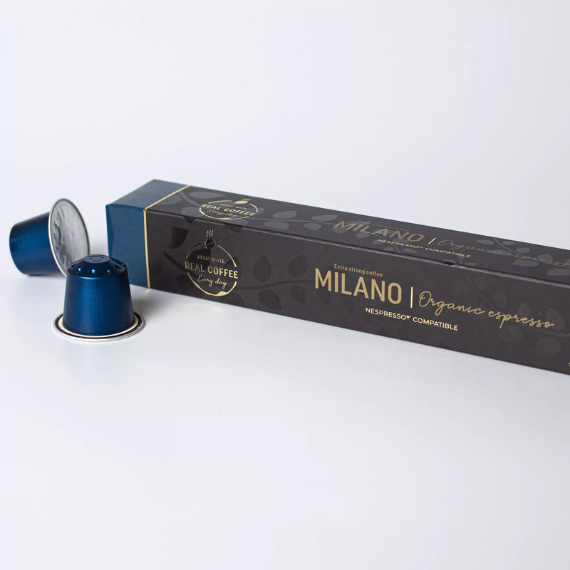 Milano Organic Italian Espresso | Pack of 10 - 100 Aluminum Capsules | 100% Arabica | Nespresso® Compatible | Eco-Friendly & Fairtrade Coffee - Milano Organic Italian Espresso in Aluminum Capsules, 100% Arabica, Nespresso Compatible, Eco-Friendly, Fairtrade Coffee