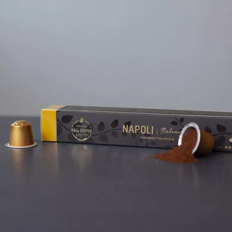 Napoli Espresso Coffee Capsules | Pack of 5 - 50 Aluminum Capsules | 100% Arabica | Nespresso® Compatible | Eco-Friendly & Fairtrade Coffee - Napoli Espresso Coffee Pods, Aluminum Capsules, 100% Arabica, Nespresso Compatible, Eco-Friendly & Fairtrade Coffee