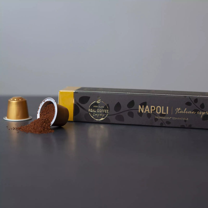 Napoli Espresso Coffee Capsules | Pack of 10 - 100 Aluminum Capsules | 100% Arabica | Nespresso® Compatible | Eco-Friendly & Fairtrade Coffee - Napoli Espresso Coffee Pods, Aluminum Capsules, 100% Arabica, Nespresso Compatible, Eco-Friendly & Fairtrade Coffee