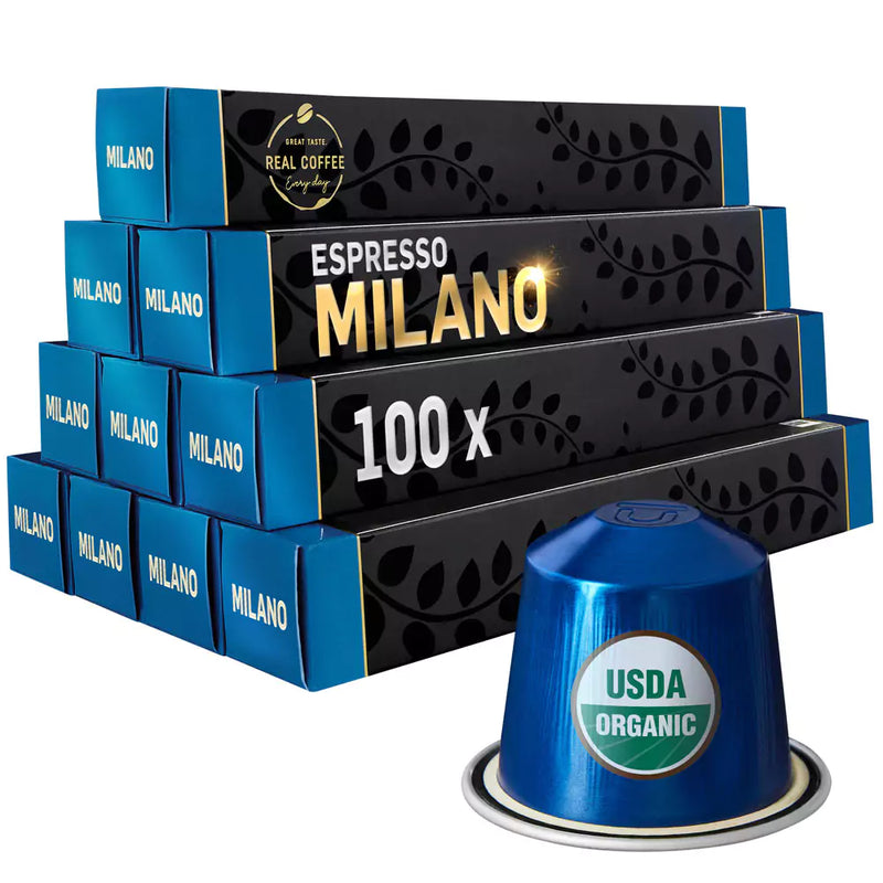 Milano Organic Italian Espresso | Pack of 10 - 100 Aluminum Capsules | 100% Arabica | Nespresso® Compatible | Eco-Friendly & Fairtrade Coffee - Milano Organic Italian Espresso, Pack of 10 - 100 Aluminum Capsules, 100% Arabica, Nespresso Compatible, Eco-Friendly & Fairtrade Coffee