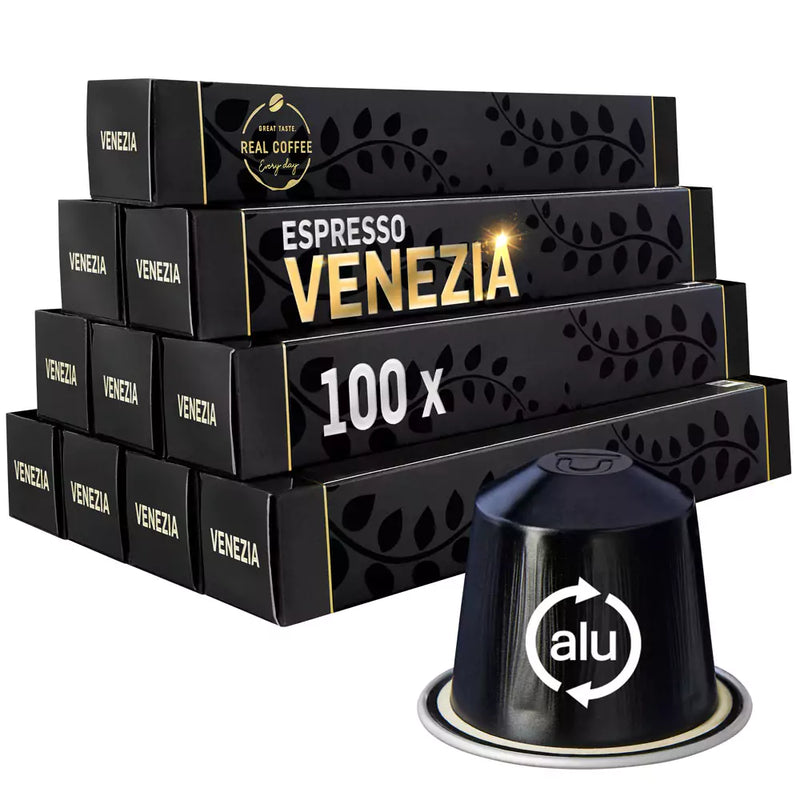 Venezia Espresso Coffee Capsules | Pack of 10 - 100 Aluminum Capsules | 80% Arabica 20% Robusta | Nespresso® Compatible | Eco-Friendly & Fairtrade - Venezia Espresso Coffee Capsules, Pack of 10 - 100 Aluminum Capsules, 80% Arabica 20% Robusta, Nespresso Compatible, Eco-Friendly & Fairtrade