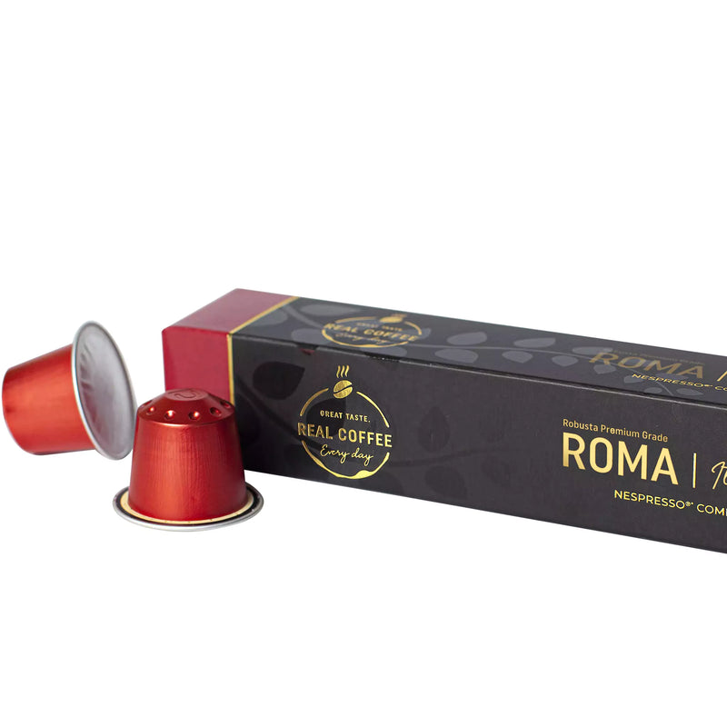 Roma Strong Italian Espresso | Pack of 10 - 100 Aluminum Capsules | 30% Arabica – 70% Robusta | Nespresso® Compatible | Eco-Friendly - Roma Strong Italian Espresso, Aluminum Capsules, 30% Arabica – 70% Robusta, Nespresso Compatible, Eco-Friendly & Fairtrade Coffee