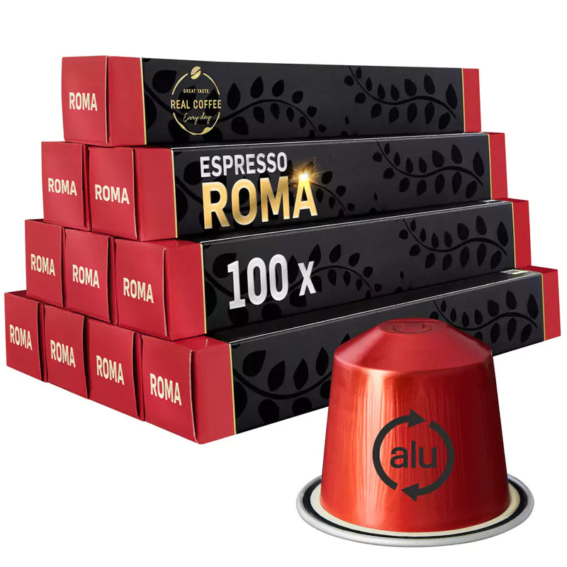 Roma Strong Italian Espresso | Pack of 10 - 100 Aluminum Capsules | 30% Arabica – 70% Robusta | Nespresso® Compatible | Eco-Friendly - Roma Strong Italian Espresso, Pack of 10 - 100 Aluminum Capsules, 30% Arabica – 70% Robusta, Nespresso Compatible, Eco-Friendly & Fairtrade Coffee