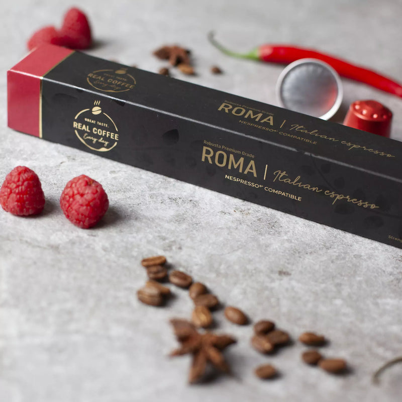 Roma Strong Italian Espresso | Pack of 10 - 100 Aluminum Capsules | 30% Arabica – 70% Robusta | Nespresso® Compatible | Eco-Friendly - Roma Strong Italian Espresso, Aluminum Capsules, 30% Arabica – 70% Robusta, Nespresso Compatible, Eco-Friendly & Fairtrade Coffee