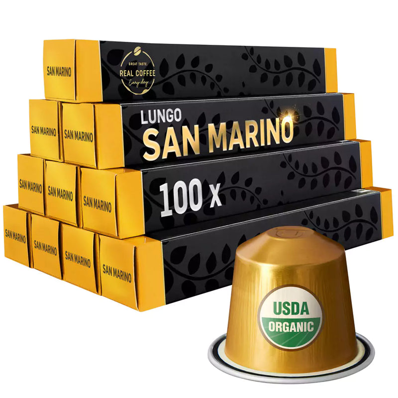 San Marino Organic Italian Lungo | Pack of 10 - 100 Aluminum Capsules | 100% Arabica | Medium Roast | Nespresso® Compatible | Eco-Friendly & Fairtrade - San Marino Organic Italian Lungo, Pack of 10 - 100 Aluminum Capsules, 100% Arabica, Medium Roast, Nespresso Compatible, Eco-Friendly & Fairtrade