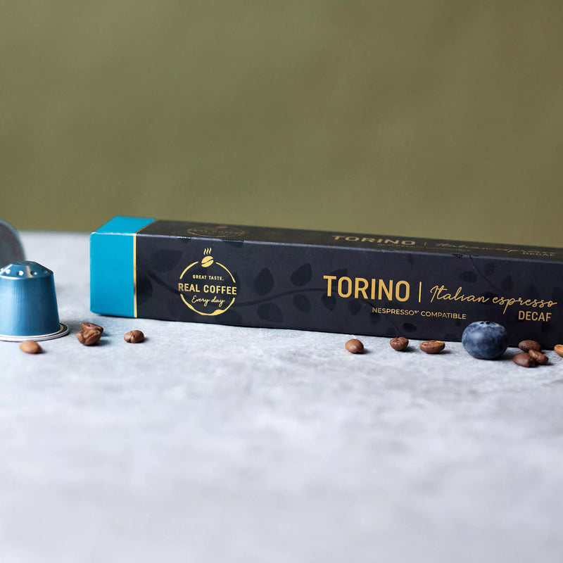 ‘Torino’ Decaf Italian Espresso | Pack of 10 - 100 Aluminum Capsules | 100% Arabica | Nespresso® Compatible | Fairtrade - Torino Decaf Italian Espresso, Aluminum Capsules, 100% Arabica, Nespresso Compatible, Fairtrade