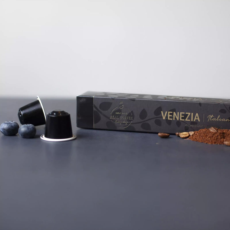 Venezia Espresso Coffee Capsules | Pack of 10 - 100 Aluminum Capsules | 80% Arabica 20% Robusta | Nespresso® Compatible | Eco-Friendly & Fairtrade - Venezia Espresso Coffee Capsules, Aluminum Capsules, 80% Arabica 20% Robusta, Nespresso Compatible, Eco-Friendly & Fairtrade