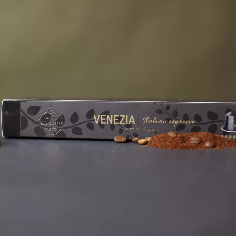 Venezia Espresso Coffee Capsules | Pack of 10 - 100 Aluminum Capsules | 80% Arabica 20% Robusta | Nespresso® Compatible | Eco-Friendly & Fairtrade - Venezia Espresso Coffee Capsules, Aluminum Capsules, 80% Arabica 20% Robusta, Nespresso Compatible, Eco-Friendly & Fairtrade