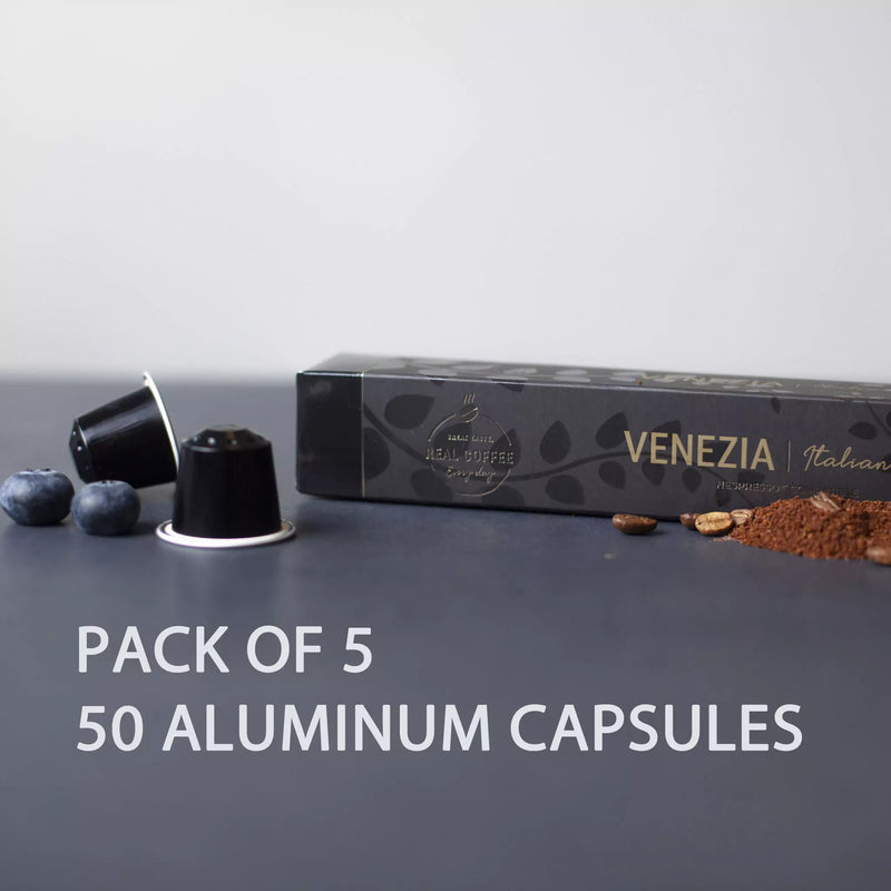 Venezia Espresso Coffee Capsules | Pack of 5 - 50 Aluminum Capsules | 80% Arabica 20% Robusta | Nespresso® Compatible | Eco-Friendly - Venezia Espresso Coffee Capsules, Aluminum Capsules, 80% Arabica 20% Robusta, Nespresso Compatible, Eco-Friendly & Fairtrade