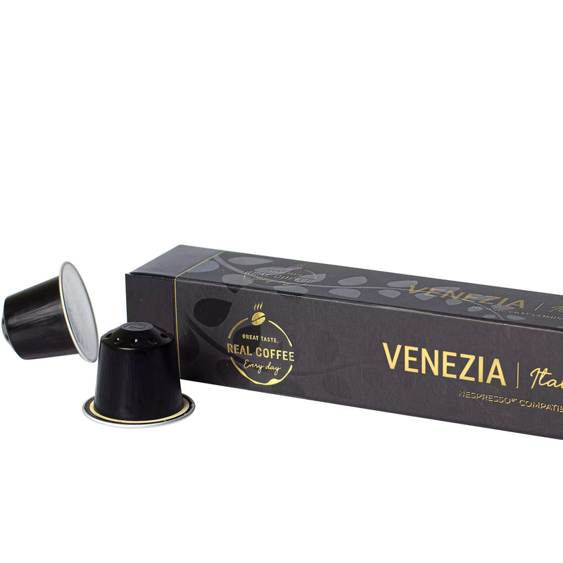 Venezia Espresso Coffee Capsules | Pack of 5 - 50 Aluminum Capsules | 80% Arabica 20% Robusta | Nespresso® Compatible | Eco-Friendly - Venezia Espresso Coffee Capsules, Aluminum Capsules, 80% Arabica 20% Robusta, Nespresso Compatible, Eco-Friendly & Fairtrade