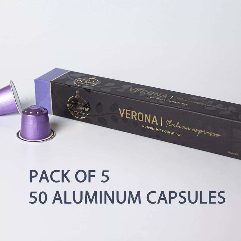 Verona Espresso Coffee Capsules | Pack of 5 - 50 Aluminum Capsules | 100% Arabica | Nespresso® Compatible | Eco-Friendly & Fairtrade Coffee - Verona Espresso Coffee Capsules, Aluminum Capsules, 100% Arabica, Nespresso Compatible, Eco-Friendly & Fairtrade Coffee